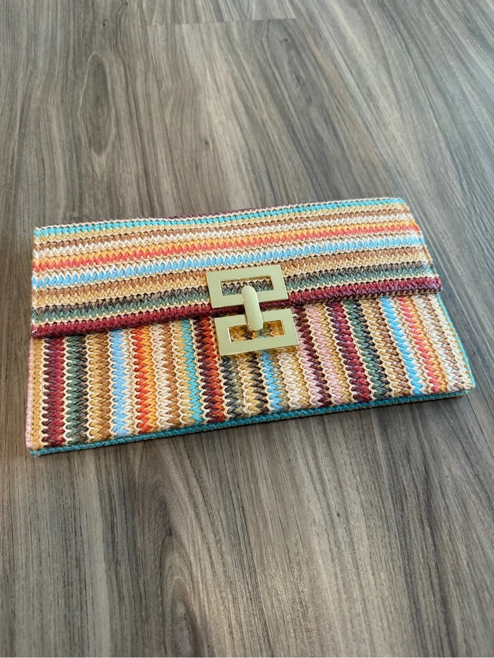 Colorful Striped Raffia Woven Vacation Clutch with Gold Clasp